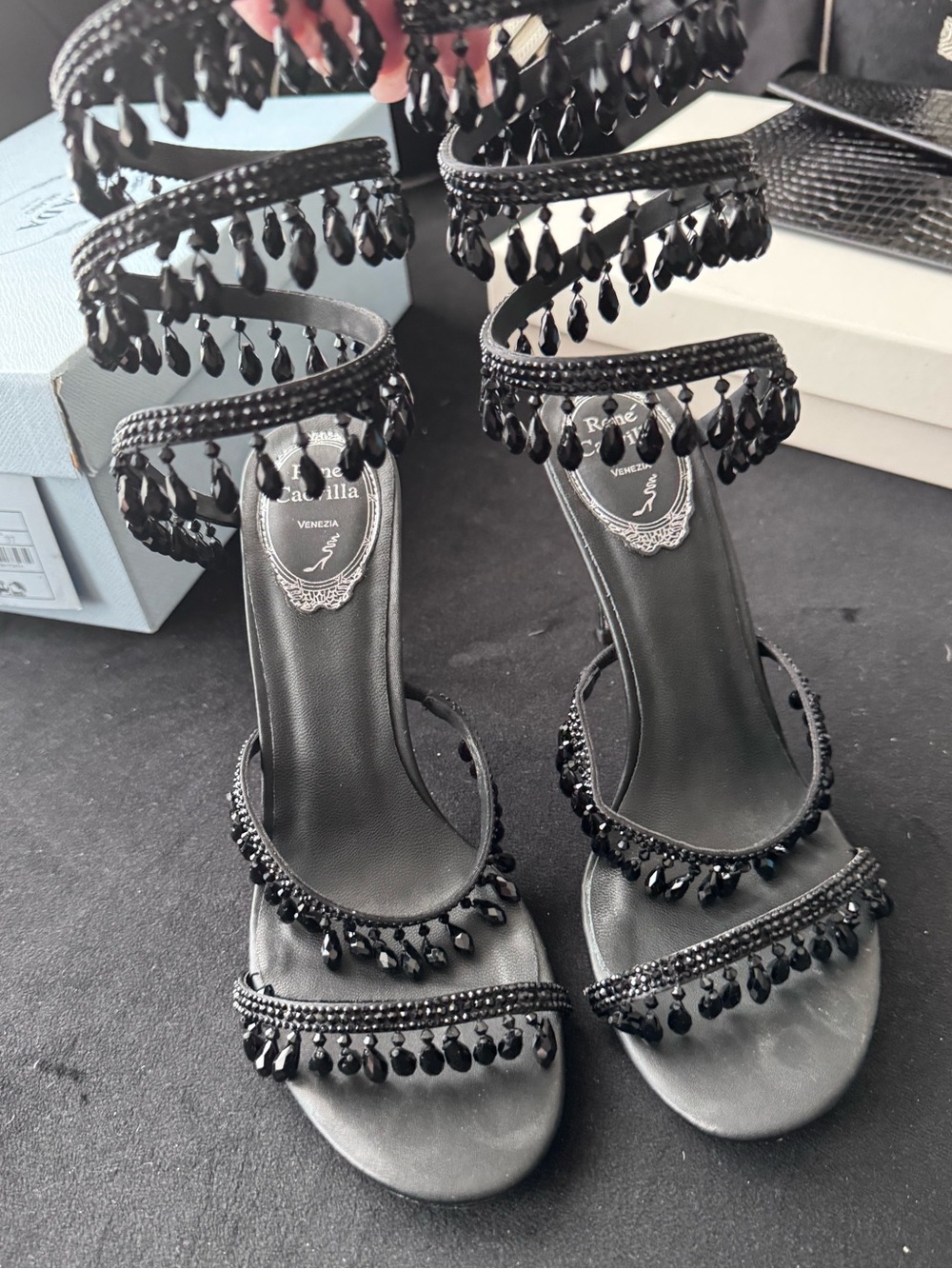 Rene Caovilla Black Beaded Spiral Strap Heels